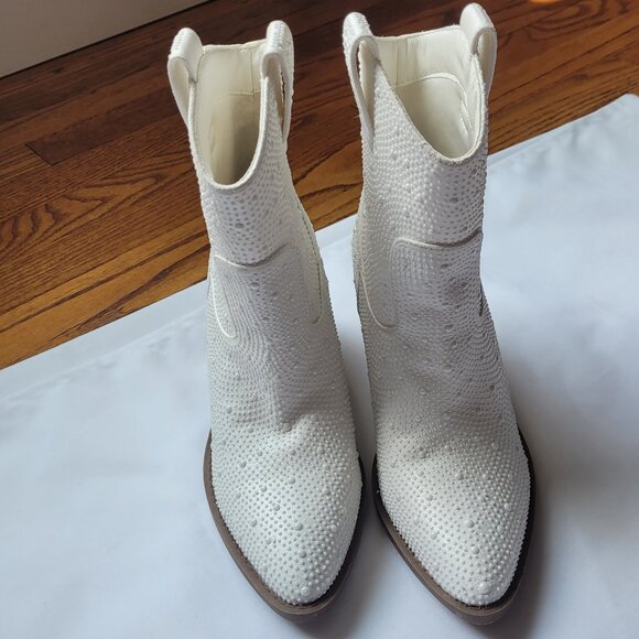 Faux‎ Pearl Embellished Cowboy Cowgirl Western Heel Ankle Booties Boot - Picture 1 of 6